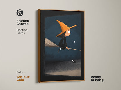 A framed canvas art print with a floating frame in antique gold displays Halloween Witch art. The whimsical fantasy artwork shows a young witch spider and moonlit sky. The piece is ready to hang adding a magical touch. Perfect for kids room decor seasonal wall decor or a fantasy Halloween gift.