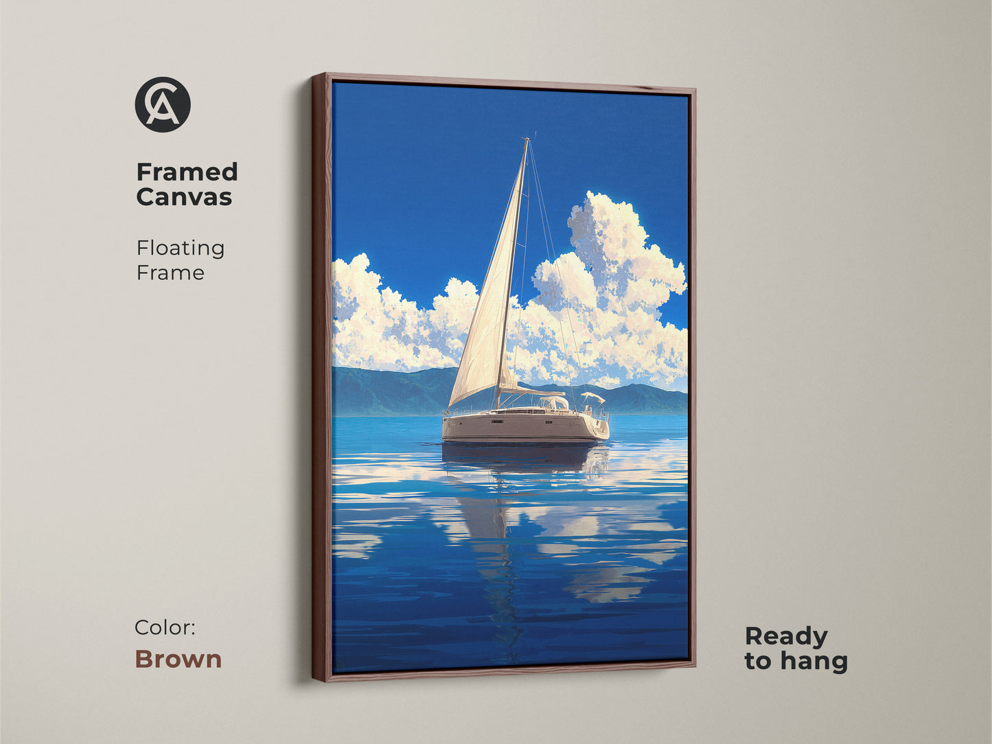 Framed canvas print of a coastal sailboat artwork with a brown floating frame. This ocean seascape print shows a sailing boat on blue water. The nautical home decor brings the beauty of the sea into your space. The landscape artwork is a thoughtful gift for boat enthusiasts. Ready to hang.
