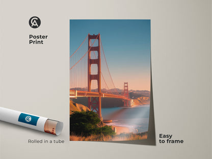 Poster print of the Golden Gate Bridge. This San Francisco cityscape shows a beautiful ocean view. Easy to frame travel photography decor. The red bridge artwork provides a Bay Area landscape for home decor.