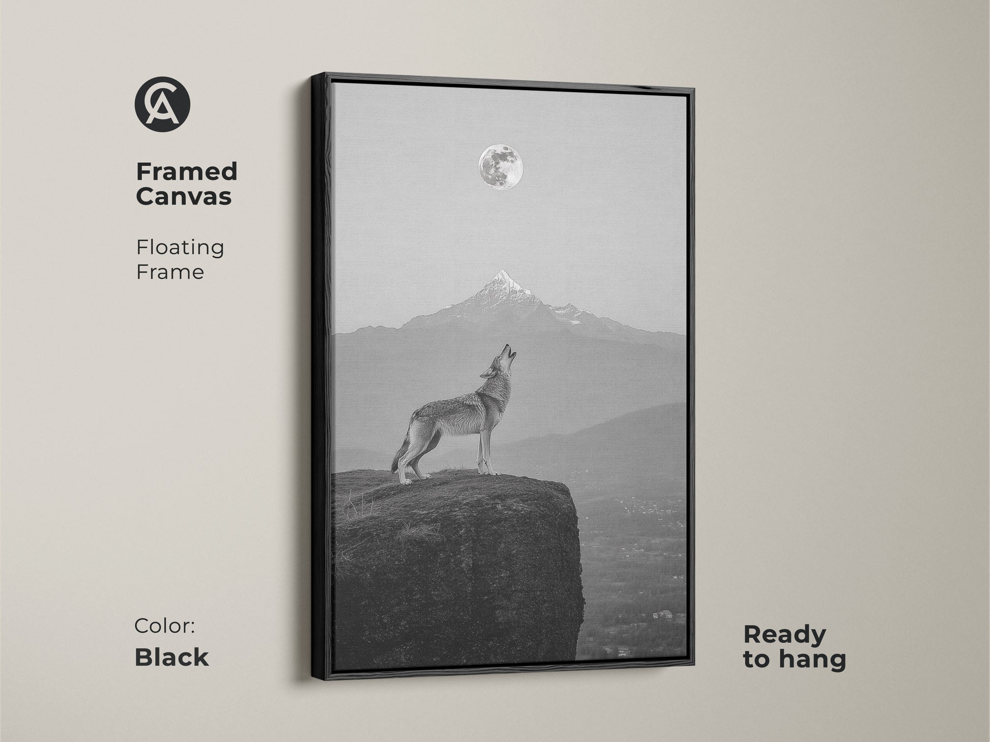 Black framed canvas featuring a wolf howling at the moon. Contemporary animal poster for rustic modern wall art. Ready to hang fine art wolf painting.