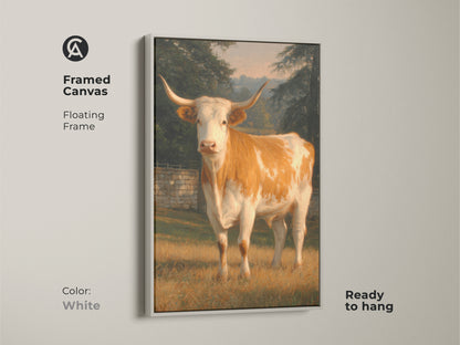 White framed canvas art print of a longhorn cow. The floating frame offers a clean modern aesthetic. Ready to hang this artwork brings rustic beauty to any space. The white frame provides a fresh contrast to the artwork. A versatile art piece for any interior.