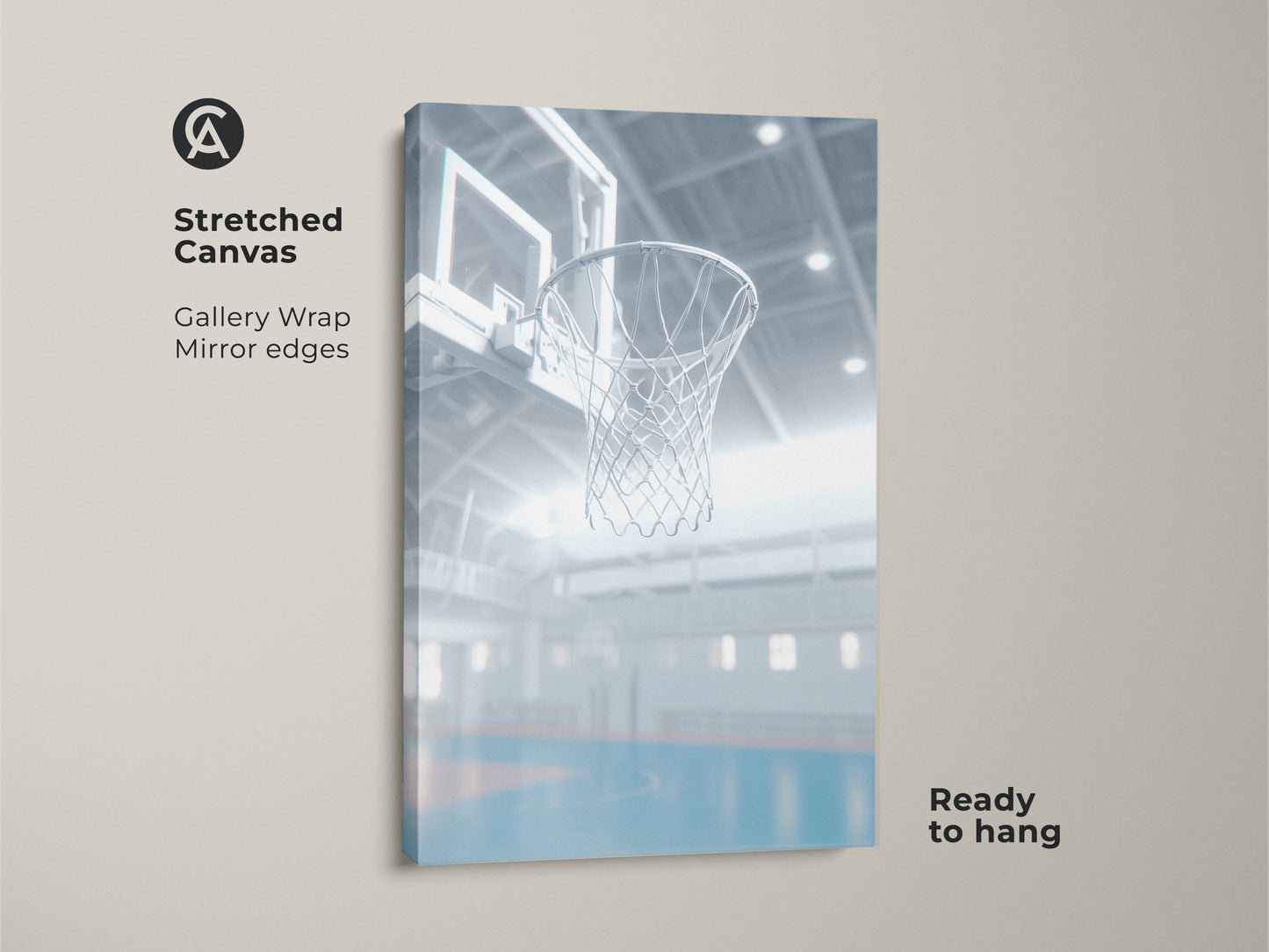 A stretched canvas art featuring a basketball hoop in a gymnasium. The gallery wrap has mirrored edges. The canvas is ready to hang. It brings the energy of the game to your space. A perfect piece for sports enthusiasts and athletes.