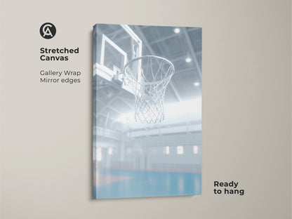 A stretched canvas art featuring a basketball hoop in a gymnasium. The gallery wrap has mirrored edges. The canvas is ready to hang. It brings the energy of the game to your space. A perfect piece for sports enthusiasts and athletes.