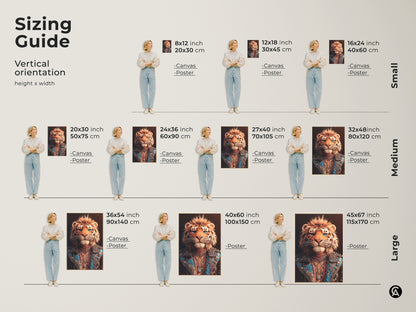Vertical orientation sizing guide showcases the height and width of canvas & poster prints. Sizes range from small medium & large. Art includes an eclectic blue and orange tiger rockstar portrait a perfect bold animal print for any space.