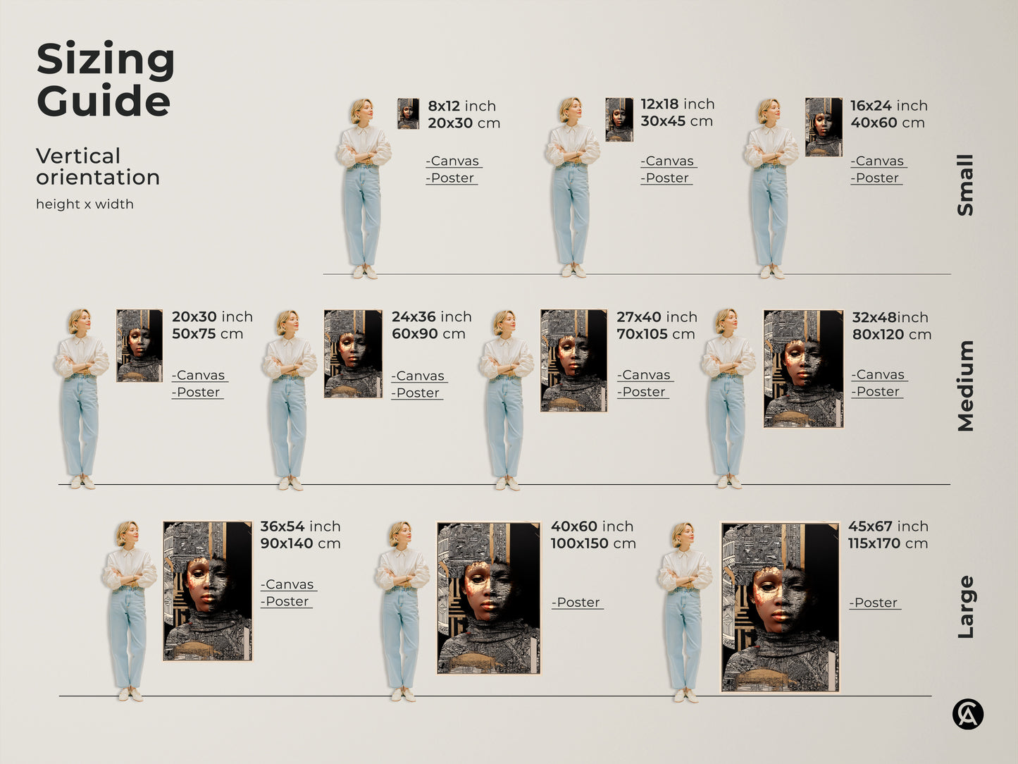 Sizing Guide showing the Abstract Gold Woman Art Print. This Afrofuturism canvas is available in various sizes perfect for any wall. The eclectic mixed media collage art features black white and gold geometric patterns for a modern space.