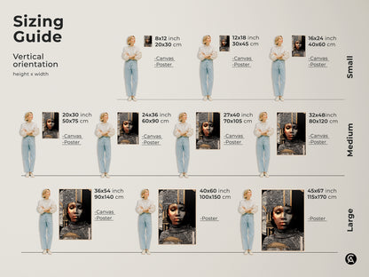 Sizing Guide showing the Abstract Gold Woman Art Print. This Afrofuturism canvas is available in various sizes perfect for any wall. The eclectic mixed media collage art features black white and gold geometric patterns for a modern space.