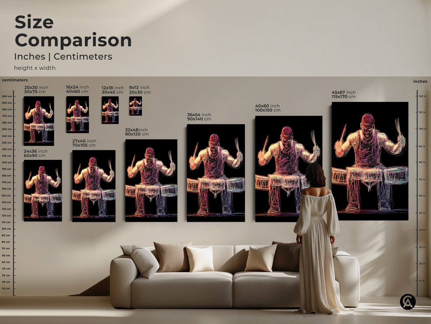 Compare sizes of the abstract drummer artwork. From 20x30 cm to 45x67 inches. See how each size fits in a living space. Enhance your music room decor with the perfect art piece. This musician canvas art makes a great gift for any music lover.