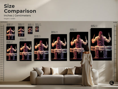 Compare sizes of the abstract drummer artwork. From 20x30 cm to 45x67 inches. See how each size fits in a living space. Enhance your music room decor with the perfect art piece. This musician canvas art makes a great gift for any music lover.
