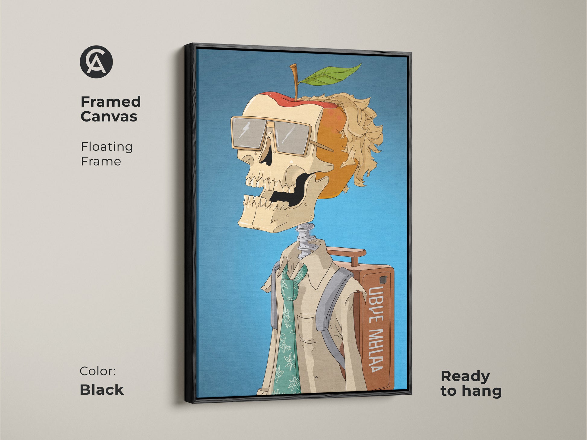 Framed canvas art of a skeleton apple head. This unique art piece features a skeleton with an apple for a head wearing glasses. The floating frame is black and the art is ready to hang. It adds a modern art feel to any space.