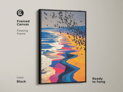 Framed canvas art with a black floating frame showcasing a surreal beach scene. A flock of birds is seen over abstract ocean waves. This ready-to-hang nature landscape artwork features vibrant orange yellow blue colors perfect for eclectic decor.
