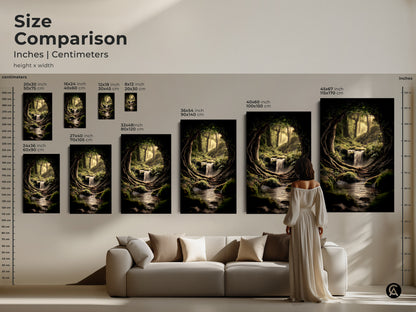 Size comparison of inches and centimeters shown side by side on different sizes. This emerald forest waterfall art print is a great addition to any home decor. It's a perfect housewarming gift