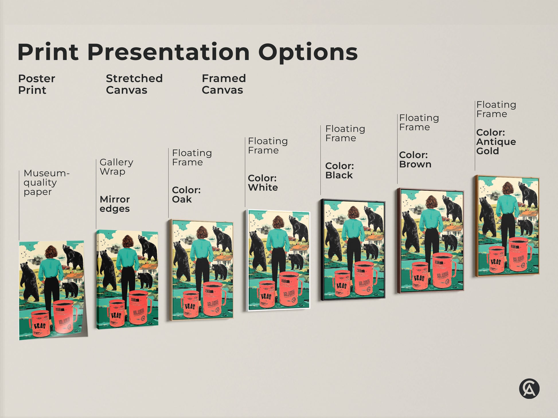 Explore print presentation options for surreal bear artwork. Choose from poster prints stretched canvas and framed canvas. Floating frames come in oak black brown antique gold and white. Find the perfect style for your teal orange eclectic wall decor. Make it a unique housewarming gift.