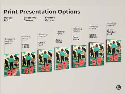 Explore print presentation options for surreal bear artwork. Choose from poster prints stretched canvas and framed canvas. Floating frames come in oak black brown antique gold and white. Find the perfect style for your teal orange eclectic wall decor. Make it a unique housewarming gift.