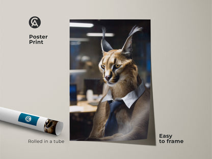 Poster print featuring a Caracal in business attire. Rolled in a tube and easy to frame. A unique office animal portrait brings a touch of contemporary wildlife art to any space.