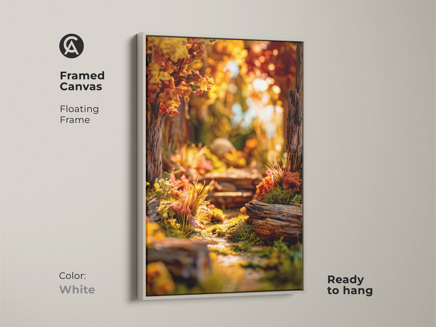 Framed canvas art print with floating frame in white. Features a serene forest path. The ready-to-hang artwork adds a modern touch to your walls. This framed print enhances any room's aesthetic with natural beauty.
