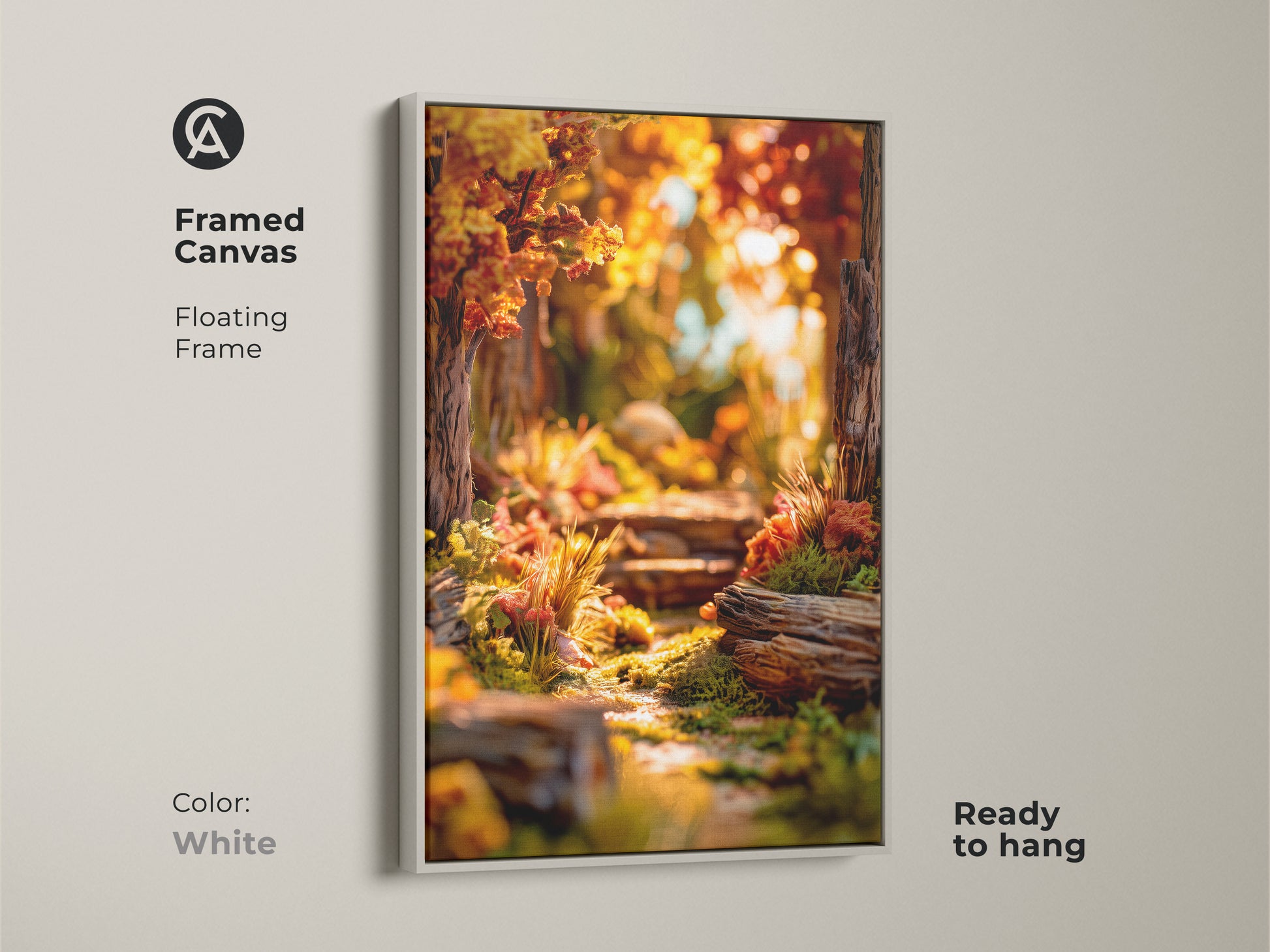 Framed canvas art print with floating frame in white. Features a serene forest path. The ready-to-hang artwork adds a modern touch to your walls. This framed print enhances any room's aesthetic with natural beauty.