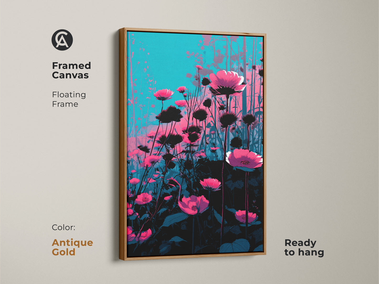 Framed canvas with antique gold floating frame features magenta poppies and teal wildflowers. The artwork is ready to hang. It's a modern botanical piece perfect for any room. Add color and artistic beauty to your space. Ideal plant lover gift canvas.
