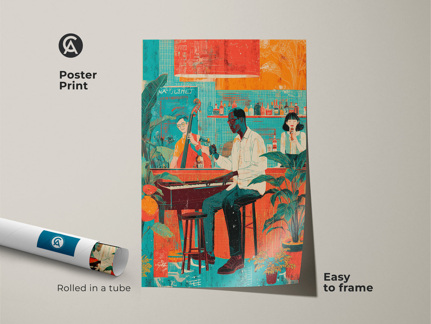 Poster art print of a jazz band featuring a pianist and singer rolled in a tube. The retro teal red and orange artwork is easy to frame. Ideal for music lover gift or office decor.