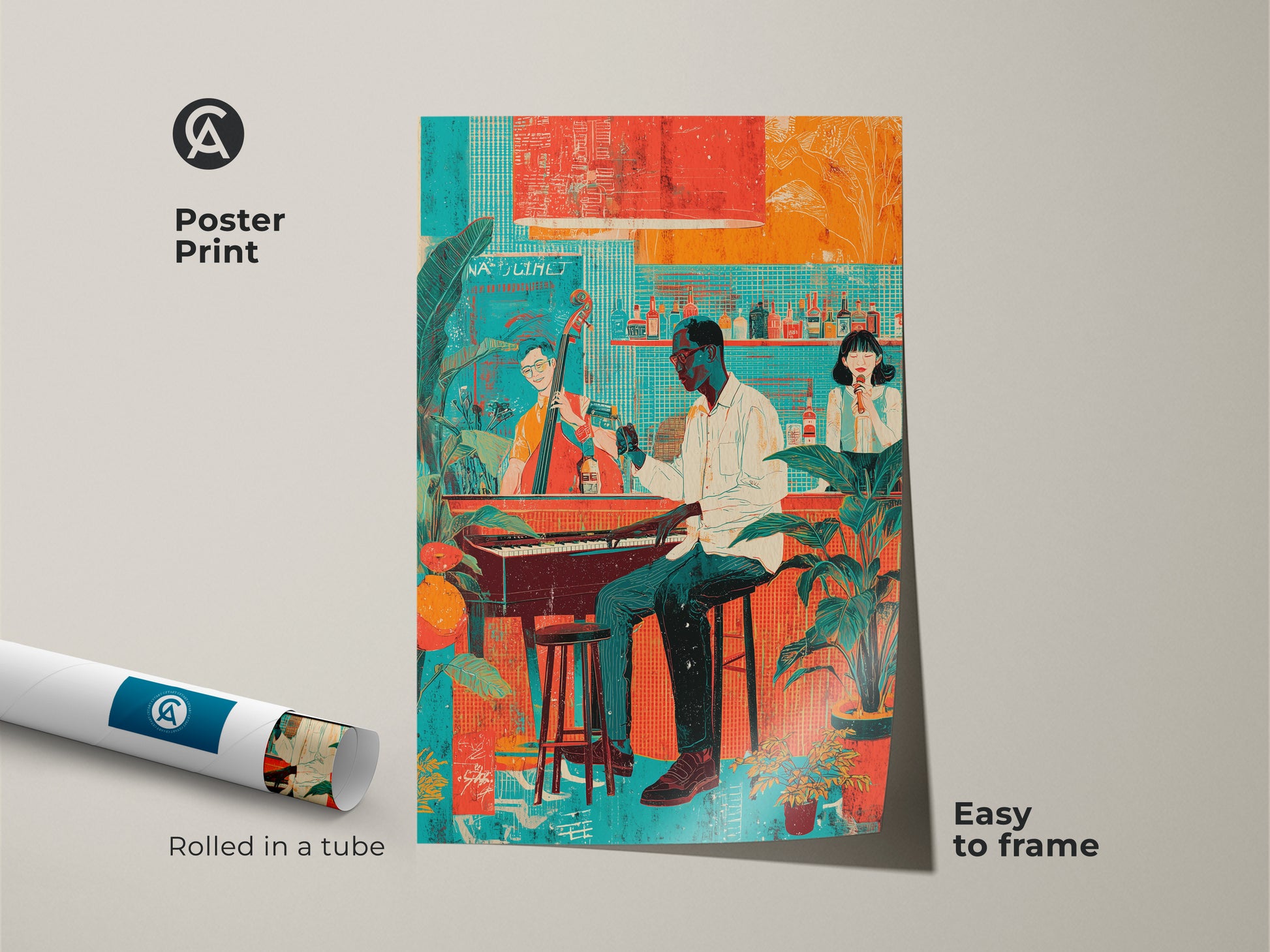 Poster art print of a jazz band featuring a pianist and singer rolled in a tube. The retro teal red and orange artwork is easy to frame. Ideal for music lover gift or office decor.