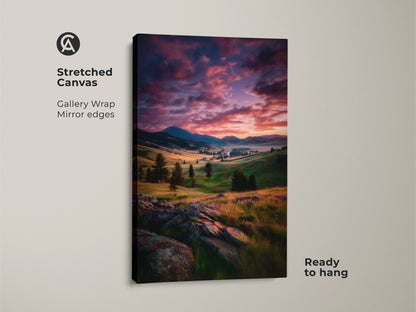 Stretched canvas gallery wrap of a mountain valley sunset. The mirror edges enhance the dramatic sky landscape print. It is ready to hang and adds cozy rustic home decor. A perfect nature art piece.