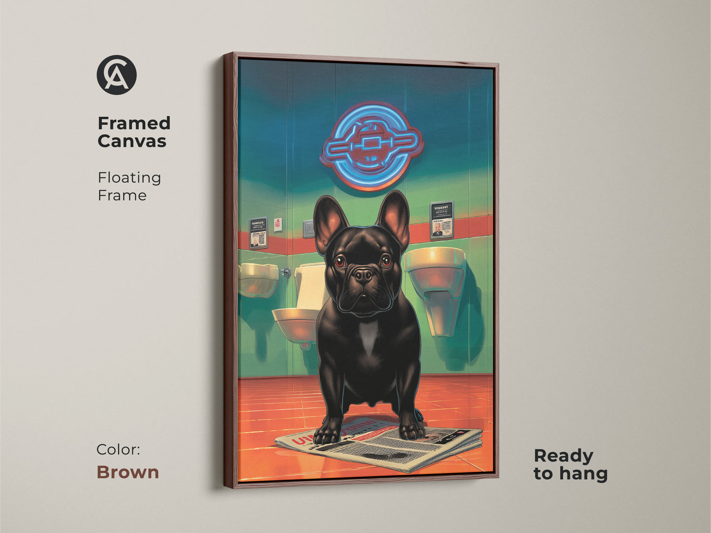 Framed canvas art featuring a funny dog in a powder room setting. The floating frame is ready to hang in brown color. This pop surrealism dog print is perfect for eclectic home decor. A unique and quirky addition to any wall.