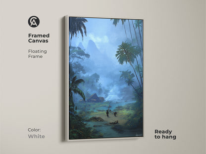 Framed canvas in white presents tropical village artwork. This misty mountain landscape art offers a tranquil scene. The floating frame enhances the boho palm tree artwork. Teal blue nature artwork is ready to hang. This art is inspired by tropical nature and bohemian travel.