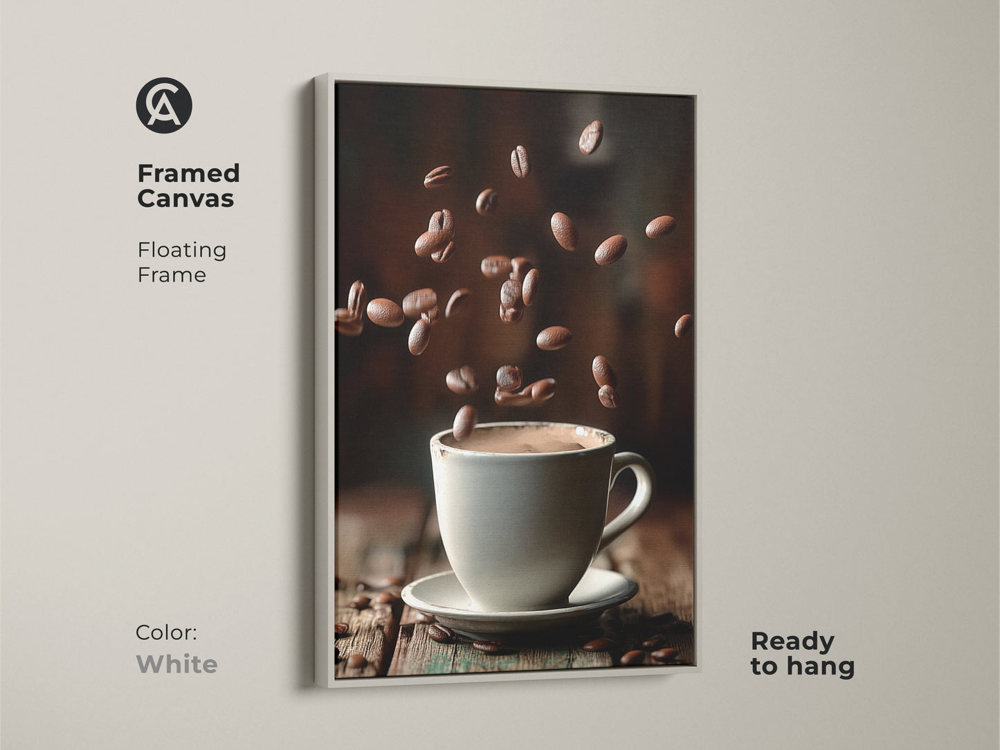 A framed canvas with a white floating frame features a minimalist coffee cup artwork. Falling beans surround a white cup on a wooden table. This contemporary piece enhances modern kitchen decor. It is an ideal housewarming gift or a special treat for coffee enthusiasts.