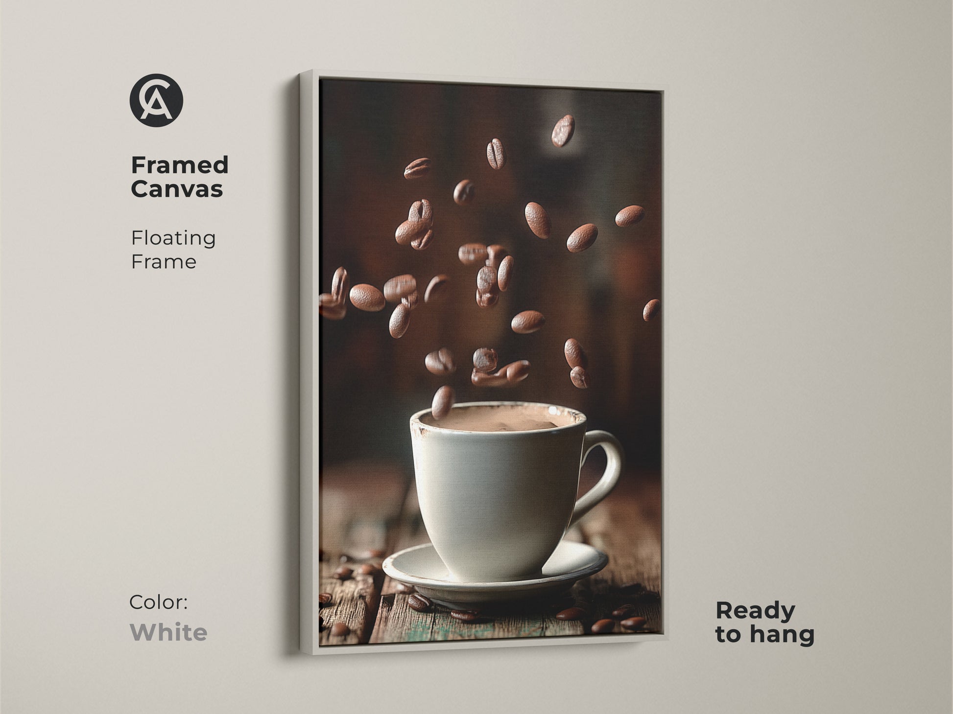 A framed canvas with a white floating frame features a minimalist coffee cup artwork. Falling beans surround a white cup on a wooden table. This contemporary piece enhances modern kitchen decor. It is an ideal housewarming gift or a special treat for coffee enthusiasts.