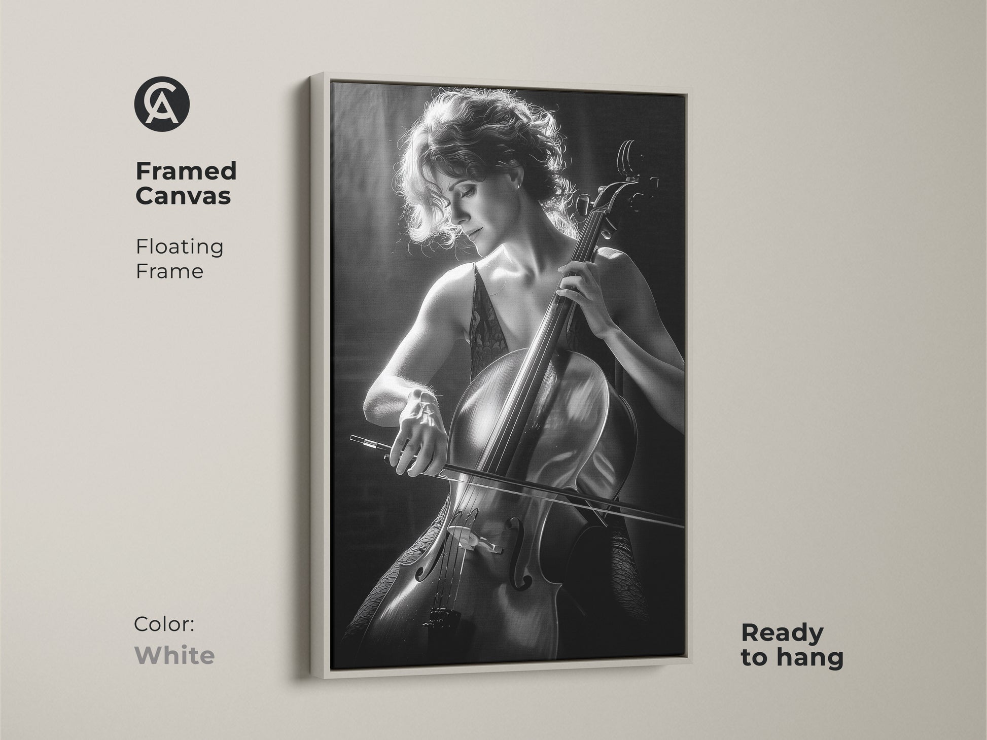 Framed canvas with a white floating frame displaying a cello player. This ready-to-hang monochrome artwork is a contemporary piece. The black and white wall decor complements any interior.