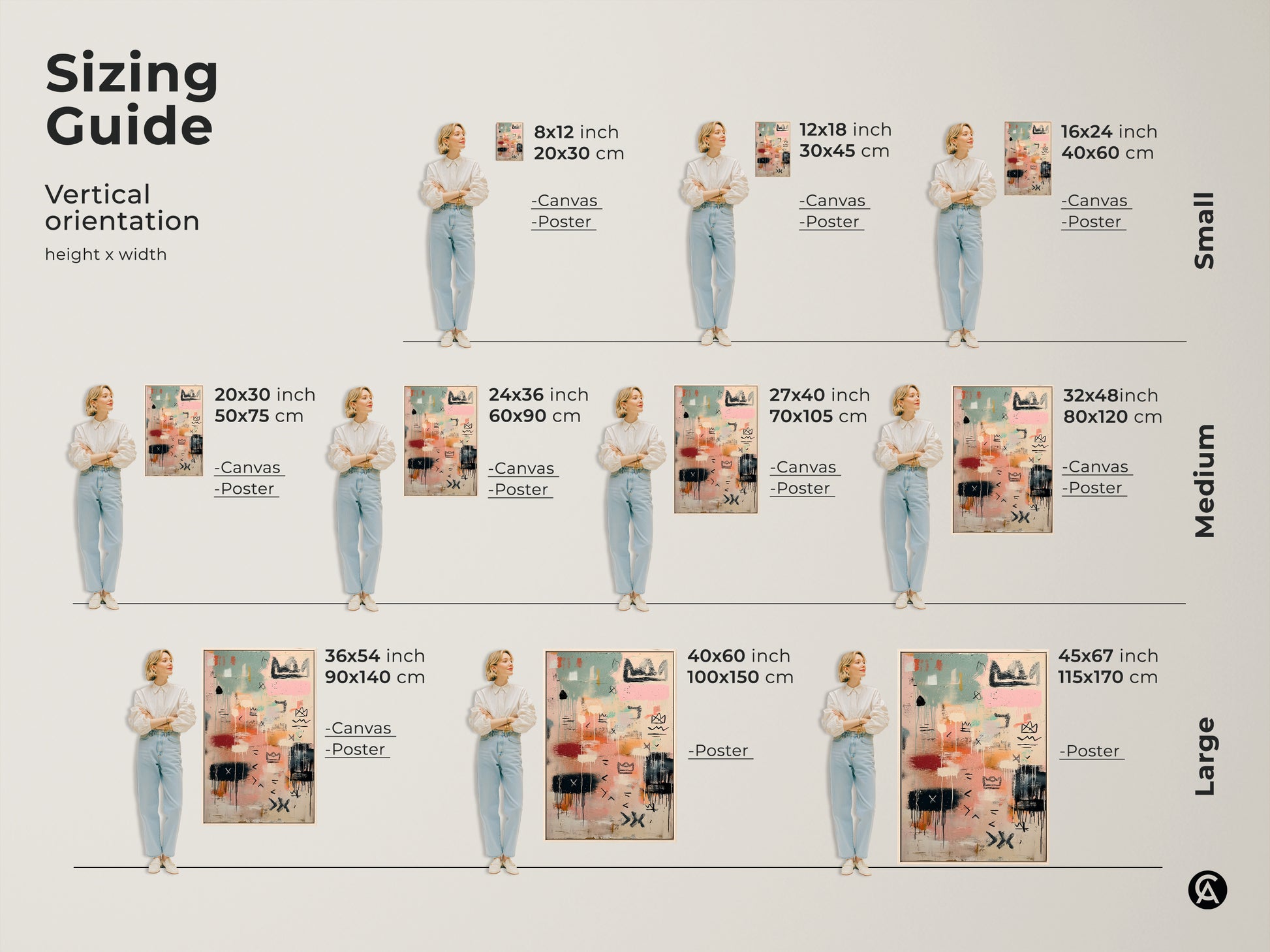 Sizing guide for vertical abstract art prints. Available in small medium and large sizes. Choose from canvas or poster prints to fit your space. Find the perfect size for your modern art today.