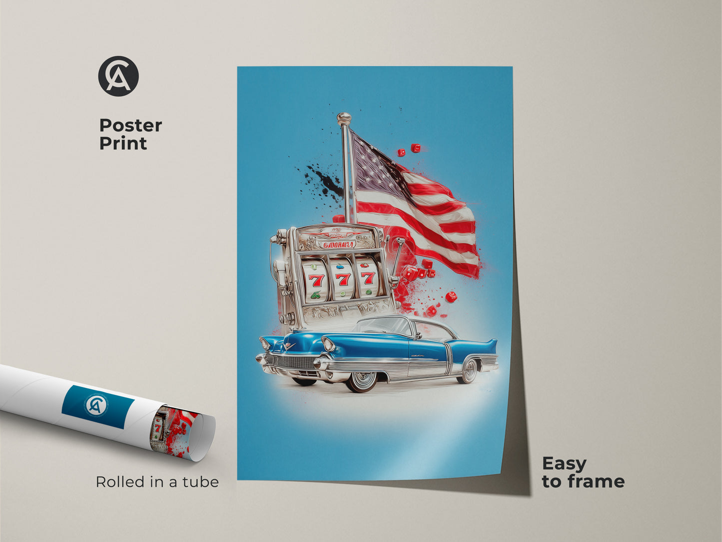 A retro pop art design is displayed in this poster print. This piece features a classic car a slot machine and the American Flag for a dynamic Americana theme. Easy to frame unique man cave decorative artwork adds a vintage touch to any office or home.