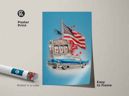 A retro pop art design is displayed in this poster print. This piece features a classic car a slot machine and the American Flag for a dynamic Americana theme. Easy to frame unique man cave decorative artwork adds a vintage touch to any office or home.
