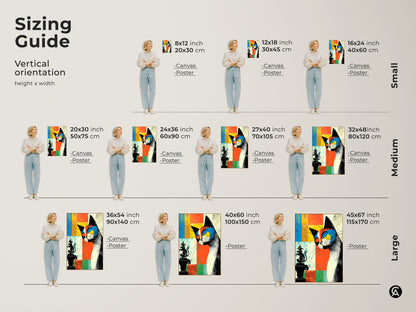 Sizing guide for vertical abstract cat artwork. Available in canvas or poster prints. Sizes range from small to large. Artwork shows mid-century modern eclectic art in orange blue and yellow.