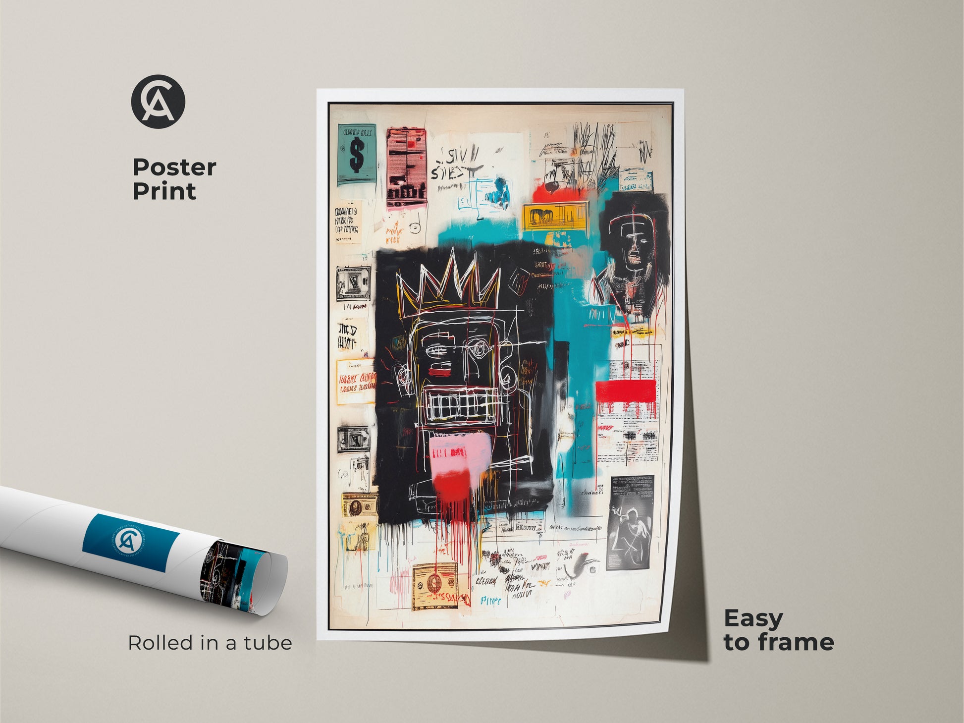 Unframed Basquiat-inspired poster print. The artwork is rolled in a tube for easy framing. Add a touch of urban sophistication to your decor with this piece. The poster features bold lines and vibrant colors. It is perfect for any modern art enthusiast.