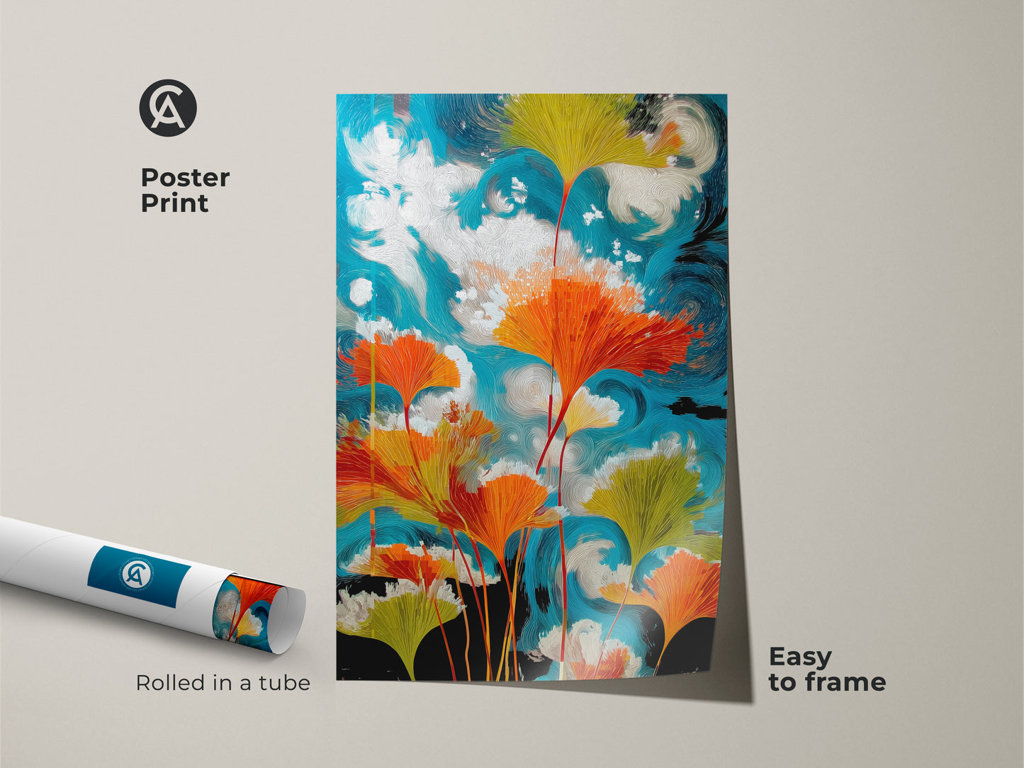 Easy to frame abstract ginkgo leaf wall art is rolled in a tube as a poster print. The teal orange botanical canvas features a swirling sky art print. It's a modern nature artwork and eclectic home decor gift. Plant lover wall art adds a colorful touch to any space.