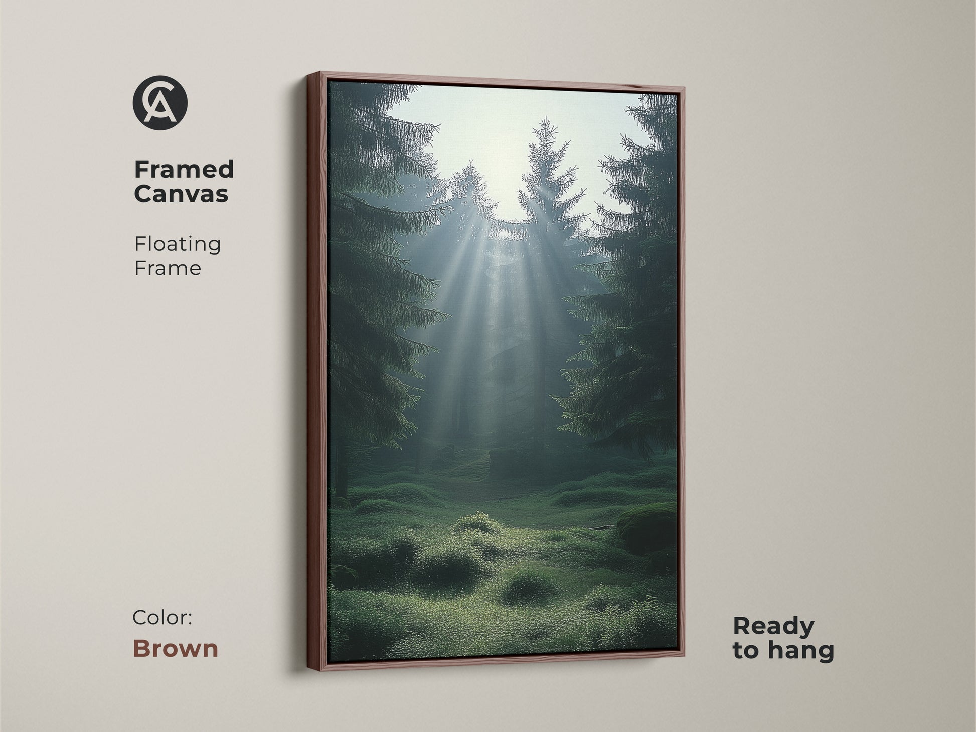 Brown framed canvas print showcases a misty emerald forest. This Scandinavian landscape art features sunbeams through pine trees. Ready to hang. Perfect as a serene forest canvas for calm bedroom decor and a nature lover gift.