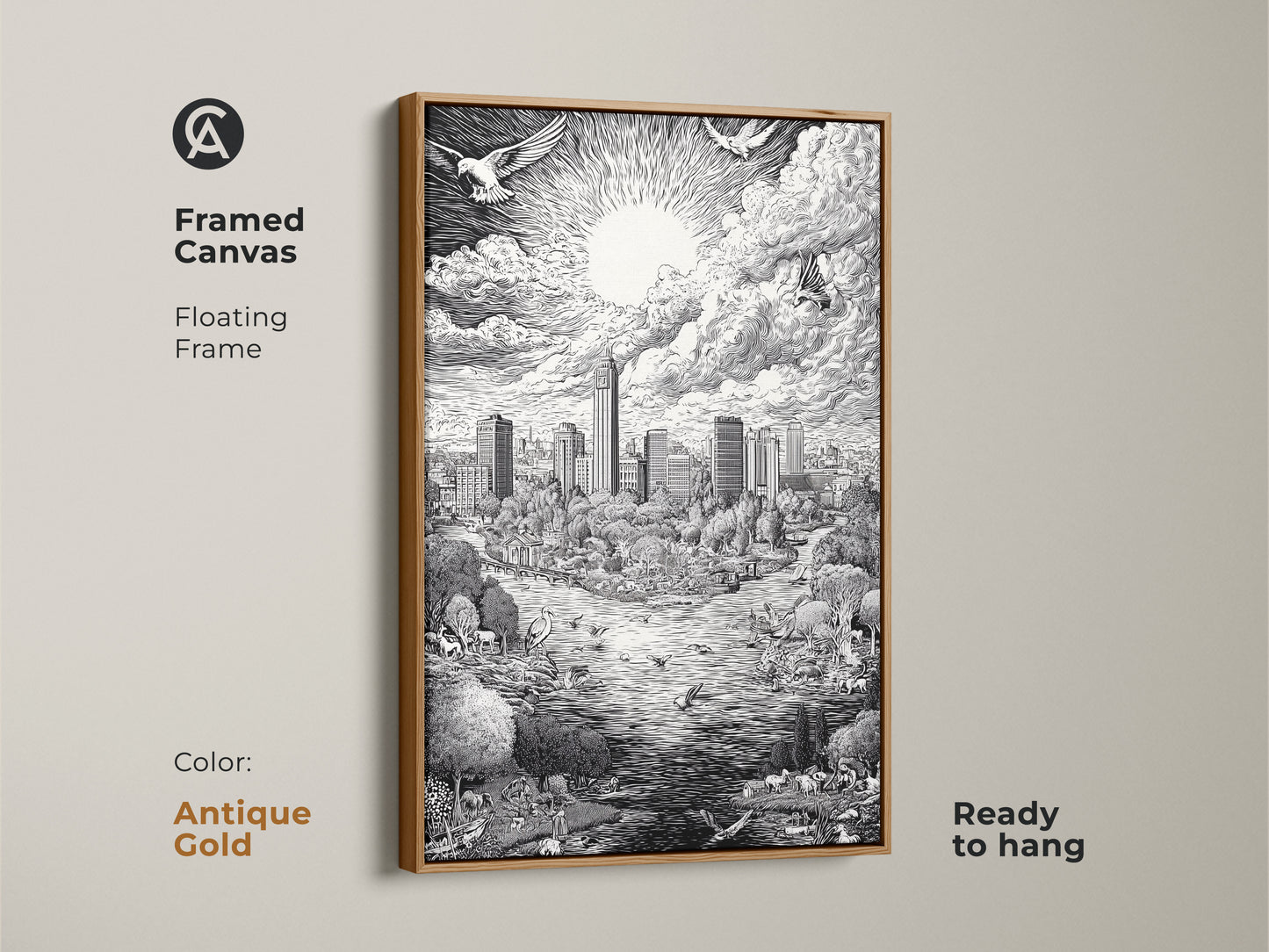 Antique gold framed canvas art featuring the Austin Texas Skyline. The floating frame enhances the black and white artwork. The art print shows the city skyline park animals and bright sun. This framed canvas is ready to hang and enjoy.