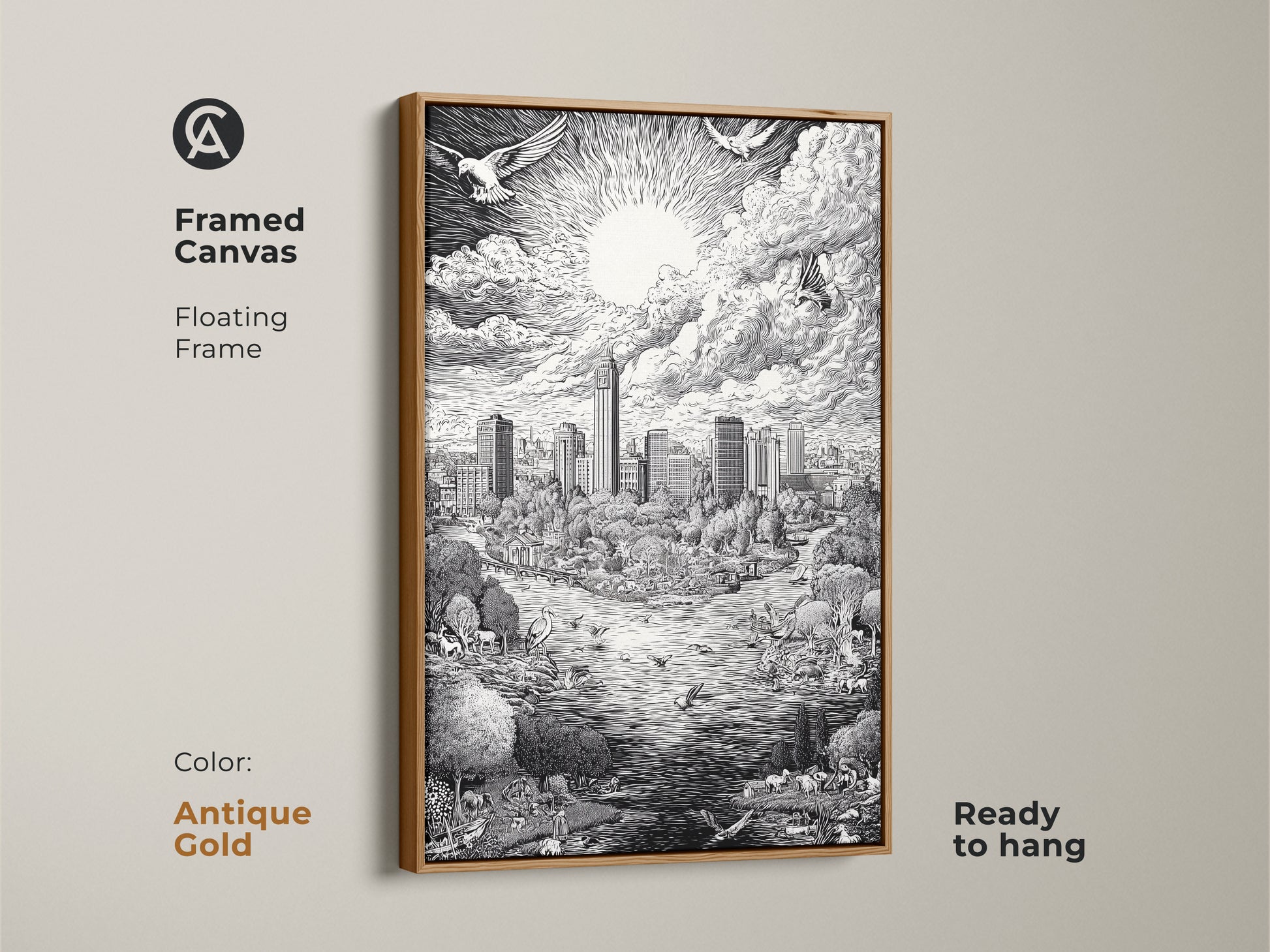 Antique gold framed canvas art featuring the Austin Texas Skyline. The floating frame enhances the black and white artwork. The art print shows the city skyline park animals and bright sun. This framed canvas is ready to hang and enjoy.