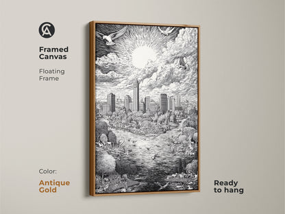 Antique gold framed canvas art featuring the Austin Texas Skyline. The floating frame enhances the black and white artwork. The art print shows the city skyline park animals and bright sun. This framed canvas is ready to hang and enjoy.