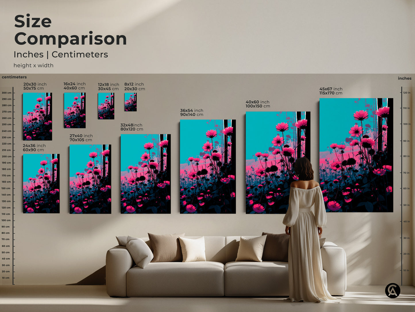 Size comparison of pink cosmos art prints with model. Various sizes are displayed in inches and centimeters. The teal botanical art complements the modern sofa. Find the perfect scale for your contemporary home wall decor.