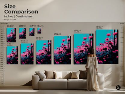 Size comparison of pink cosmos art prints with model. Various sizes are displayed in inches and centimeters. The teal botanical art complements the modern sofa. Find the perfect scale for your contemporary home wall decor.