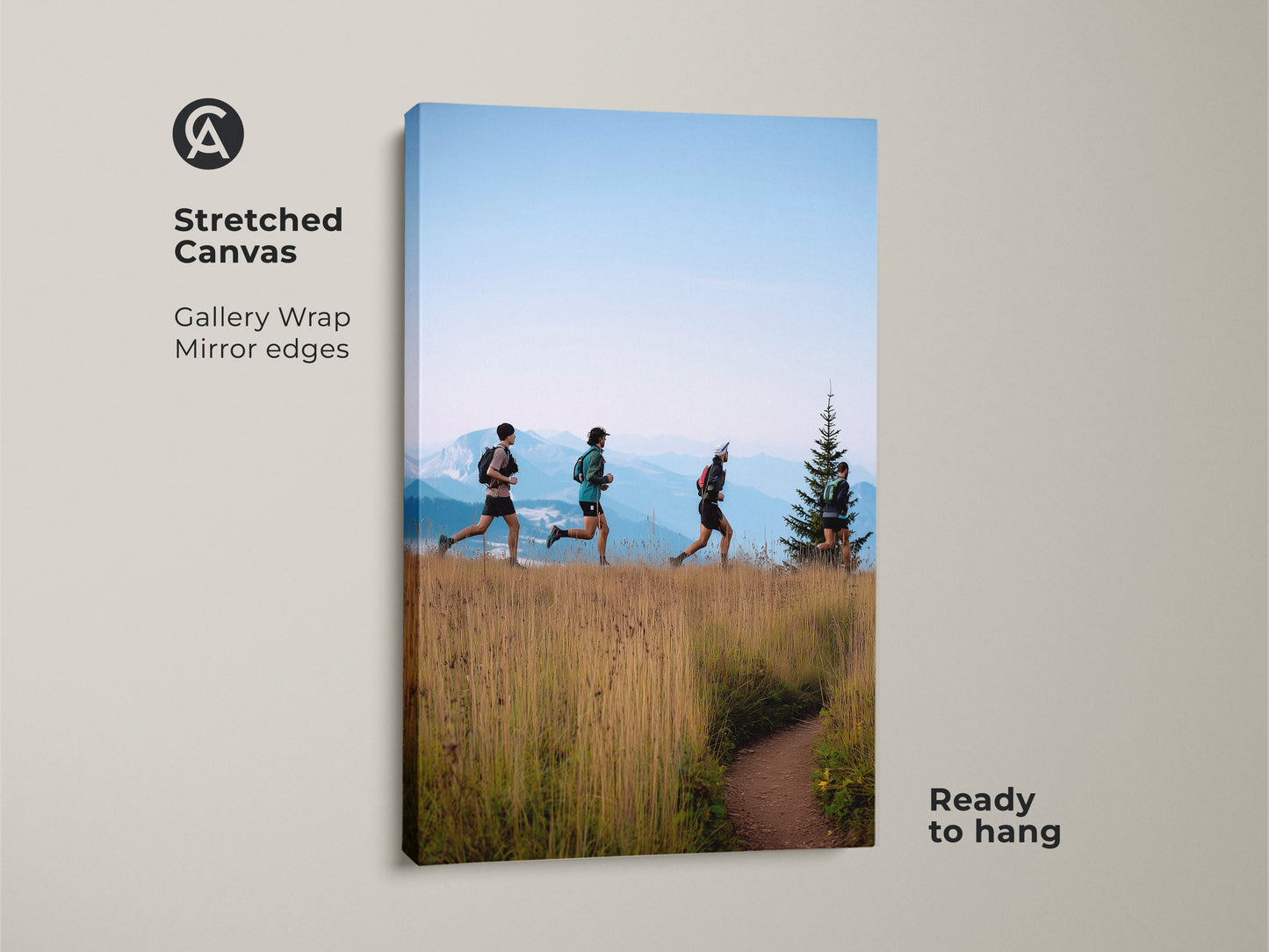 A stretched canvas print shows trail runners ascending a mountain path. This gallery-wrapped artwork has mirror edges and is ready to hang. The earthy brown and sky blue tones create a modern outdoor feel. Ideal for adding adventure-themed decor to any space. Perfect for hiker gift ideas.