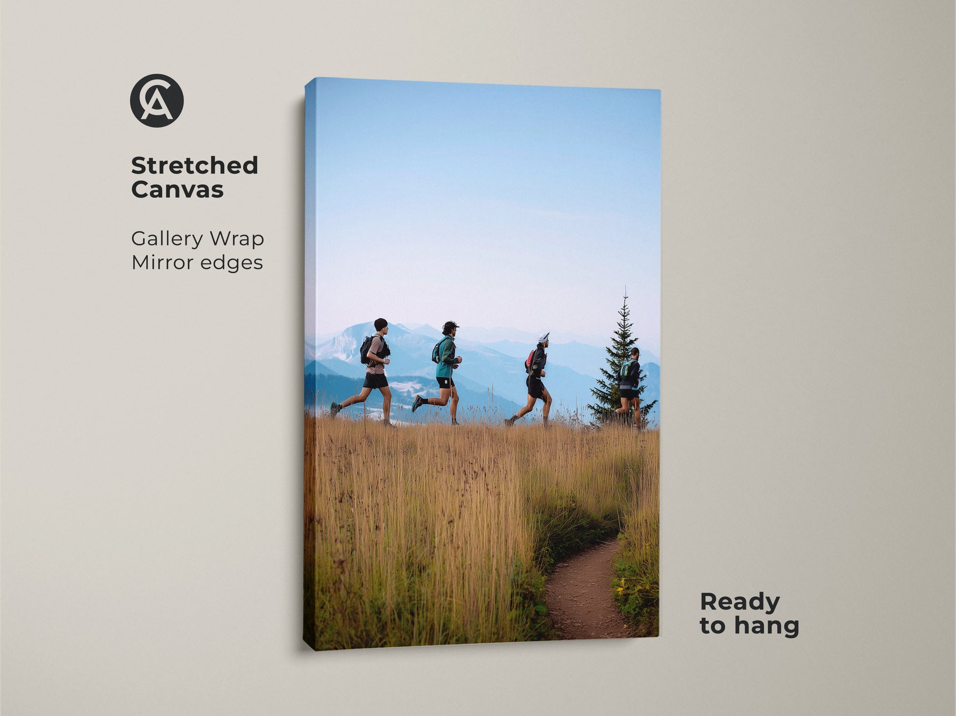 A stretched canvas print shows trail runners ascending a mountain path. This gallery-wrapped artwork has mirror edges and is ready to hang. The earthy brown and sky blue tones create a modern outdoor feel. Ideal for adding adventure-themed decor to any space. Perfect for hiker gift ideas.