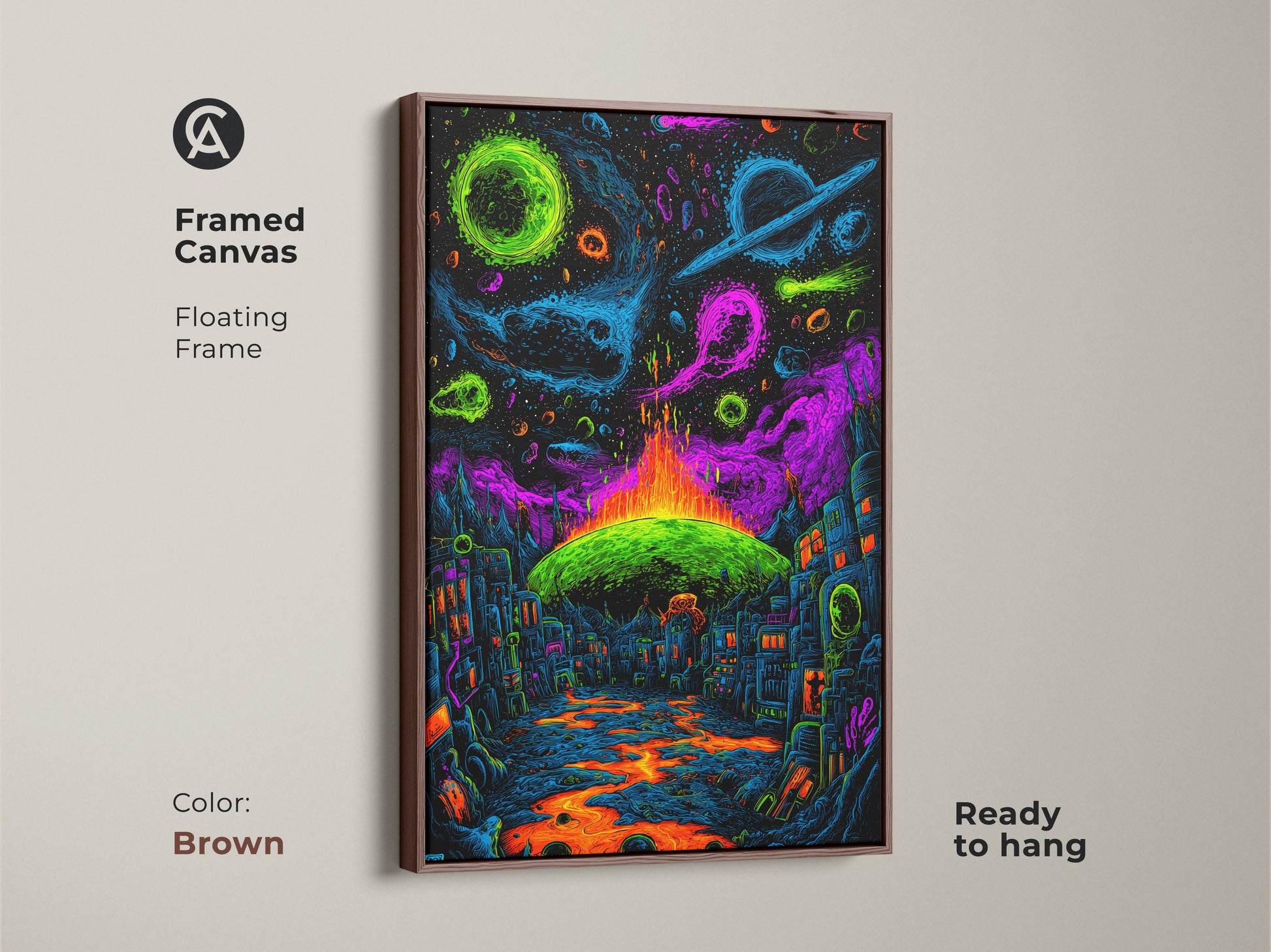 Enhance your home with this framed canvas artwork in brown. The artwork showcases a neon city under cosmic planets. A lava river winds through the urban landscape. Ready to hang this floating frame art is a perfect addition to your space.