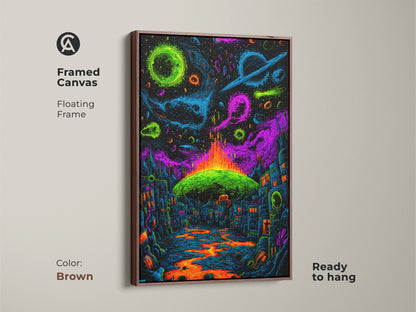 Enhance your home with this framed canvas artwork in brown. The artwork showcases a neon city under cosmic planets. A lava river winds through the urban landscape. Ready to hang this floating frame art is a perfect addition to your space.