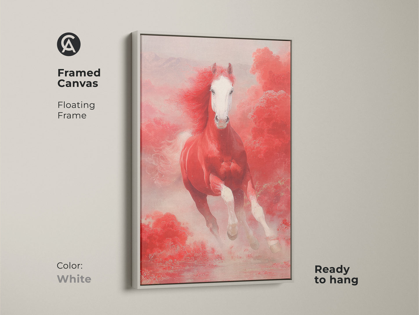 Framed canvas with a white floating frame of a red horse running. This fantasy horse wall art features pink clouds. It's an asian style horse art piece that's ready to hang. The horse lover gift wall decor is powerful and vibrant.