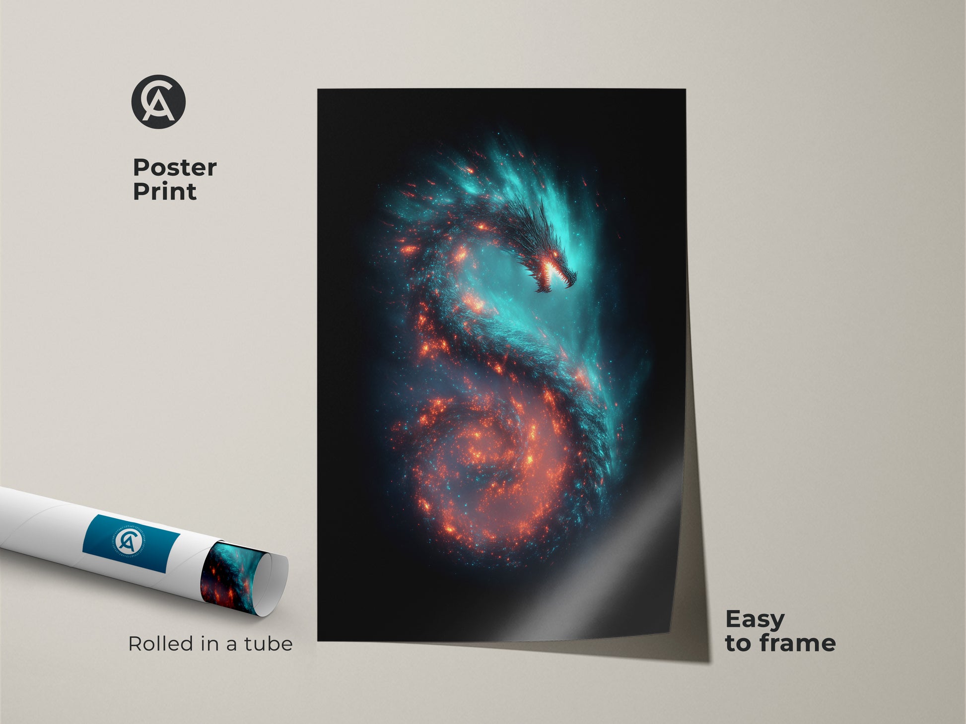 Poster print of a fantasy dragon in a swirling galaxy. This cosmic nebula art features teal and orange colors. The sci-fi decor is easy to frame and arrives rolled in a tube. Perfect for those who love mythical creatures and celestial wonders.