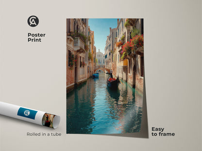 Poster print of Venice canal art. This easy-to-frame print shows a gondola boat. The artwork features blue and teal colors. Rolled in a tube for safe shipping. This romantic cityscape looks amazing.