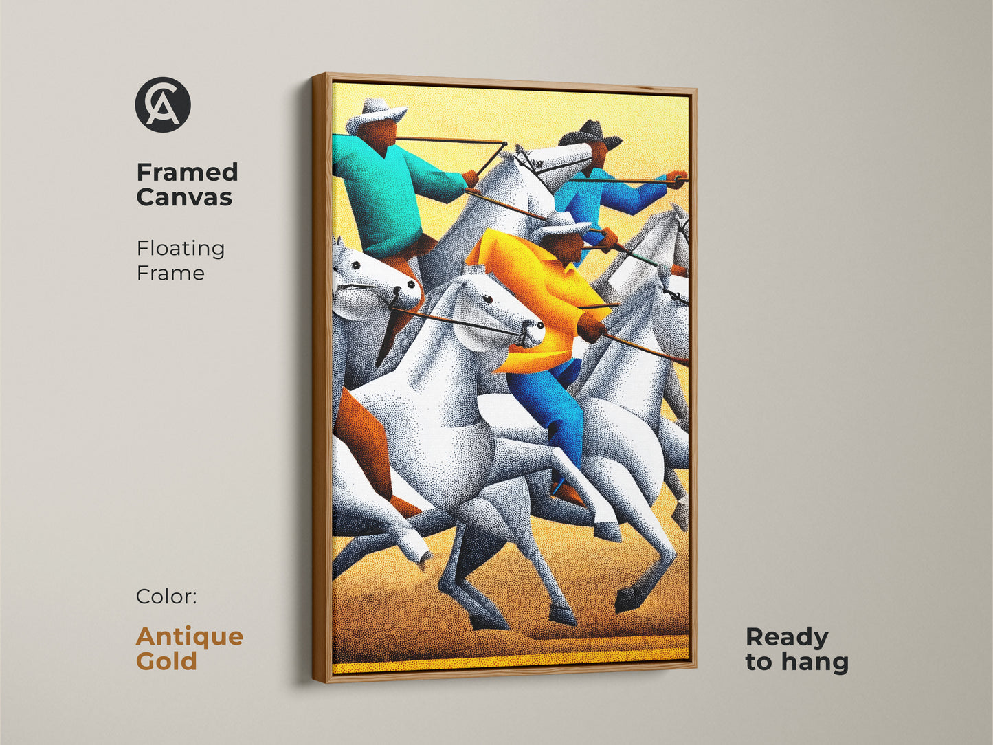 Stippled figurative western horse rider canvas art with an antique gold floating frame. It is ready to hang for easy placement. This animal action artwork features horses and riders. The artwork is a great gift for any equestrian or unique housewarming present.