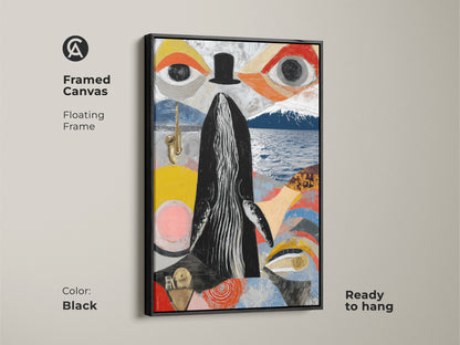 Framed canvas with a floating frame showcasing a surreal whale saxophone artwork. The black frame complements the eclectic abstract collage art in black red yellow tones. Ready to hang and adds a touch of modern eclectic art to any space. A creative home office decor piece.